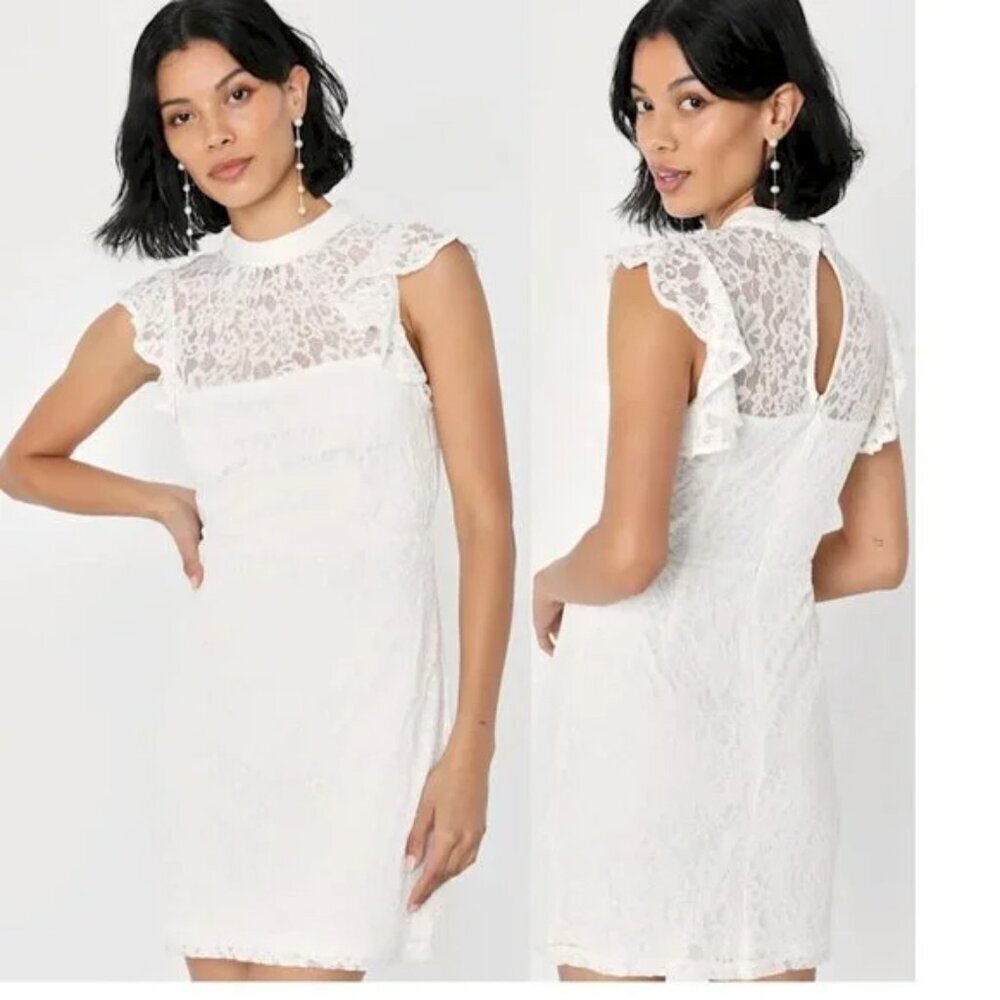 NWT Lulus Romantic Disposition White Lace Mock Neck Bodycon Mini Dress